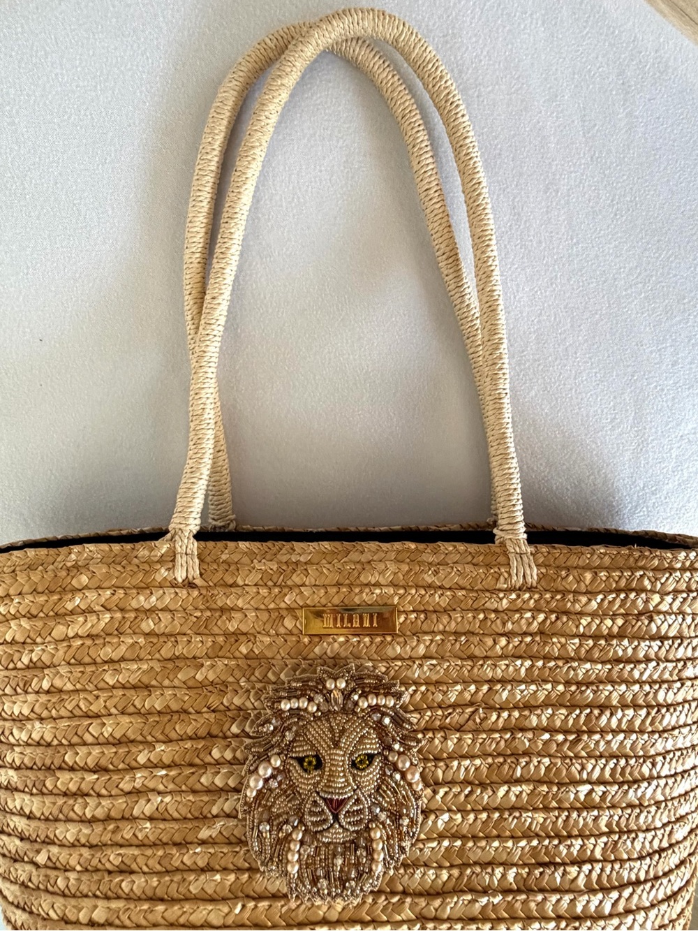 Milani Natural Straw Tote, Beaded Gold Lion Accent, Like New, 13x16 - Picture 10 of 12